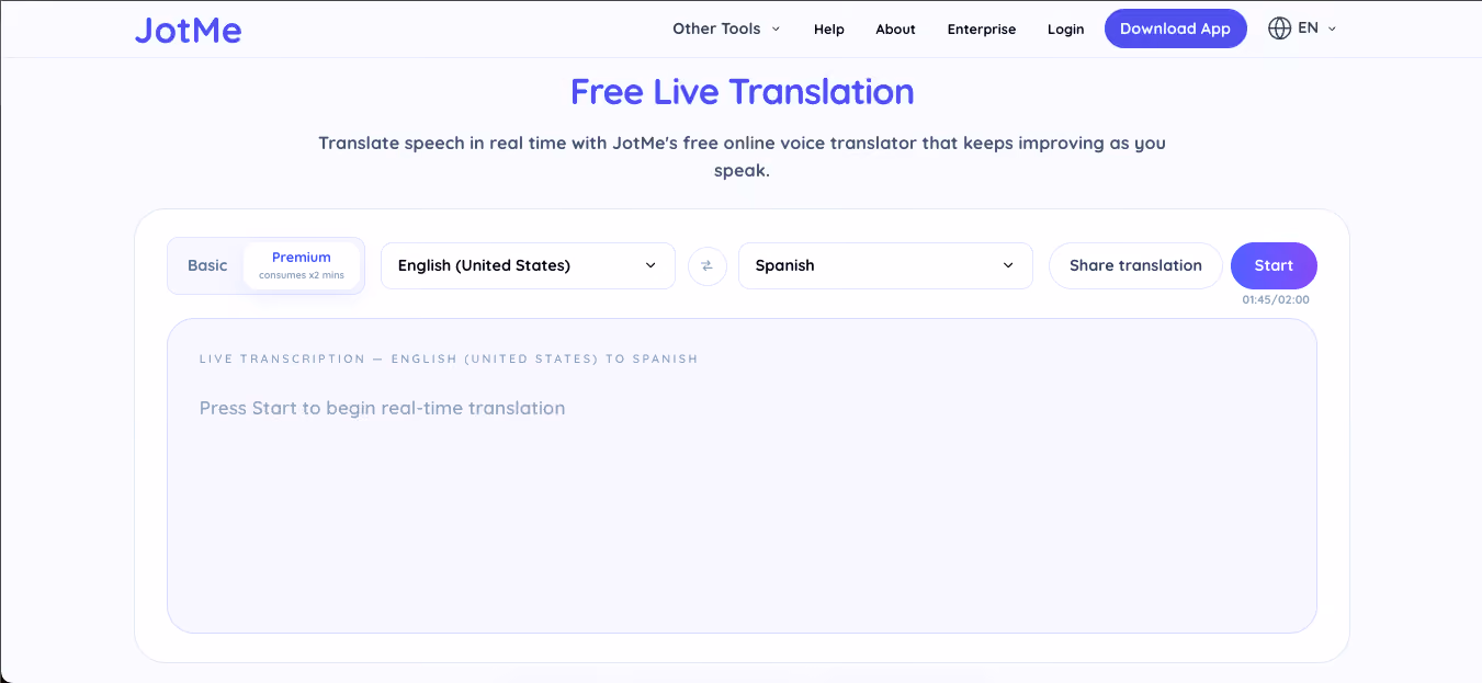 jotme free translation app homepage