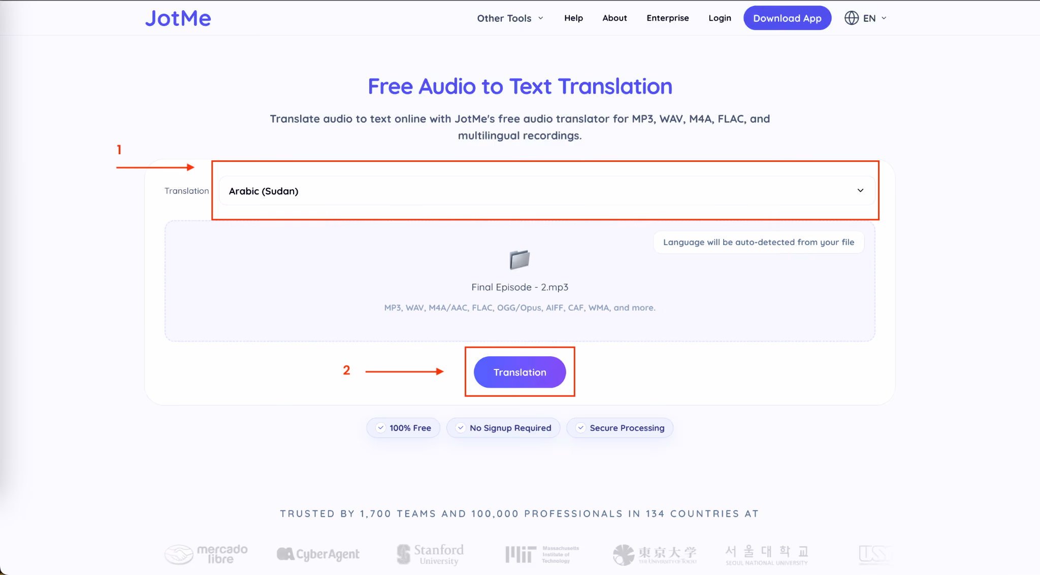 audio to text translation jotme