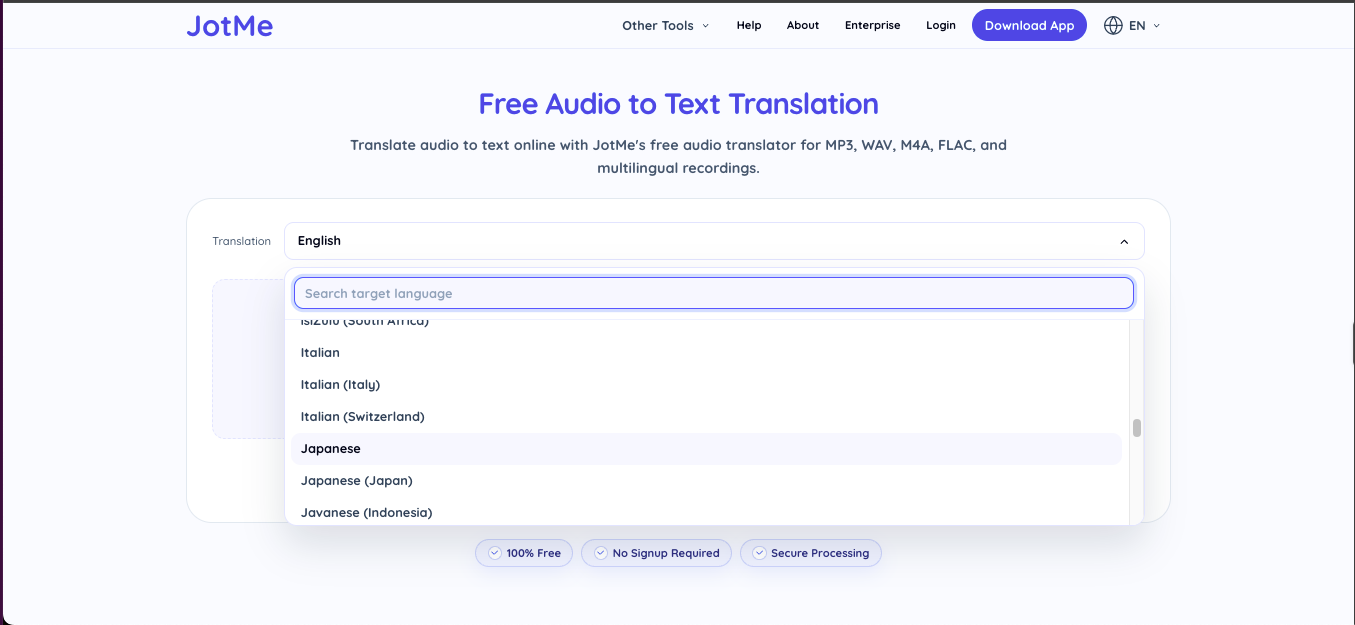jotme select language for audio transaltion