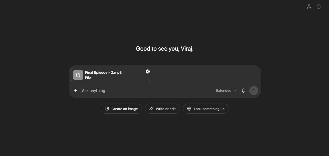Uploading a podcast MP3 file to ChatGPT for transcription.