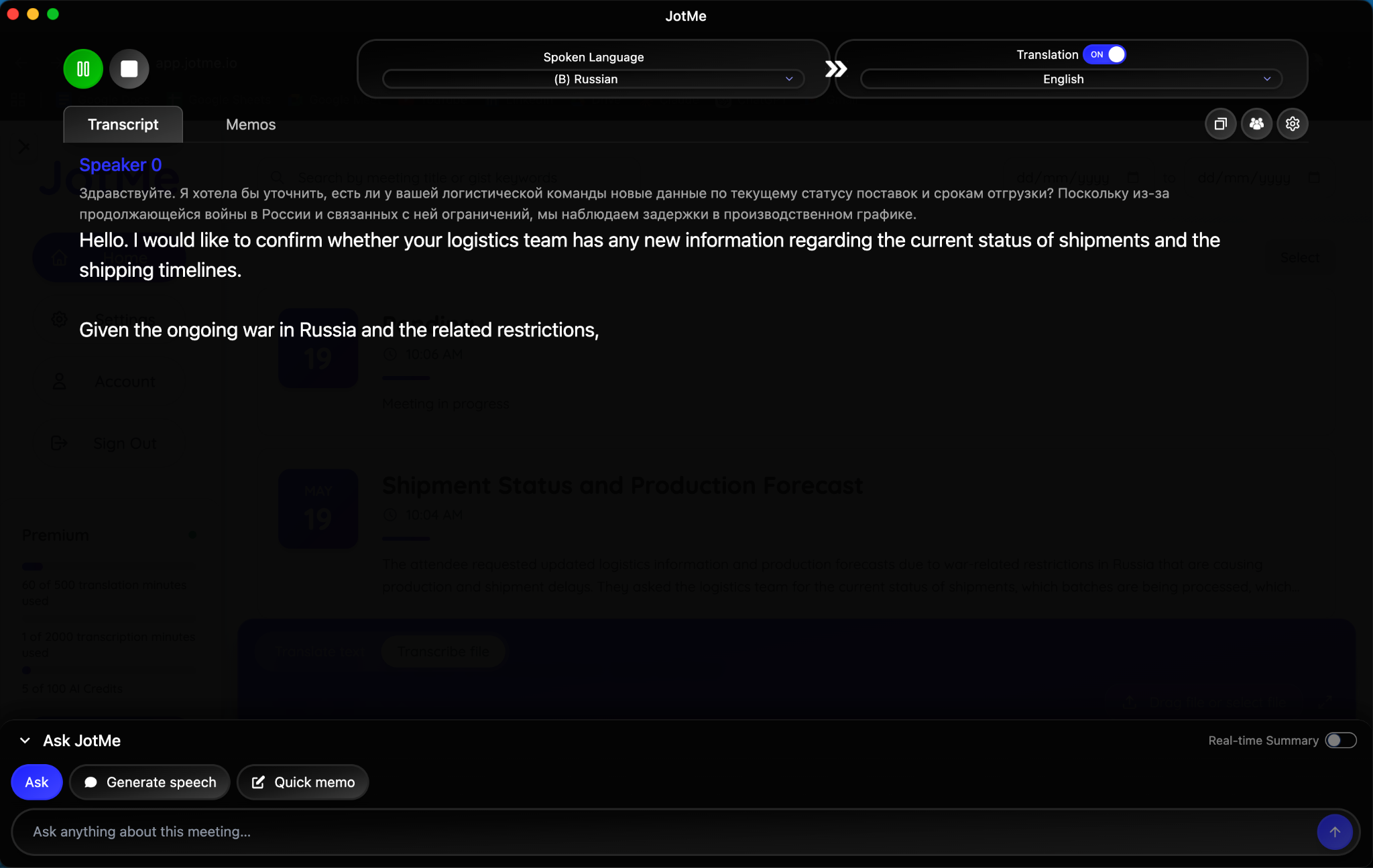 jotme russian to english translation during zoom meeting