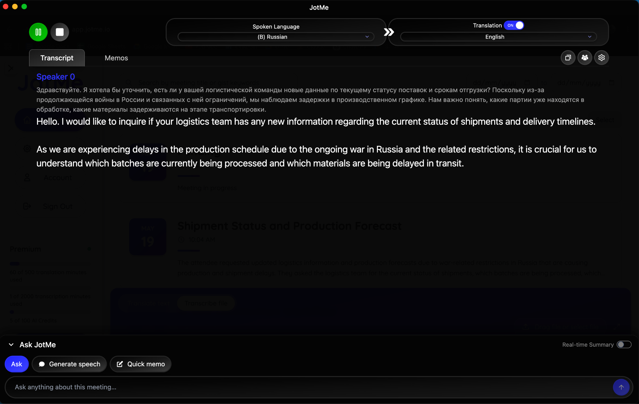 jotme russian to english contextual translation during zoom meeting
