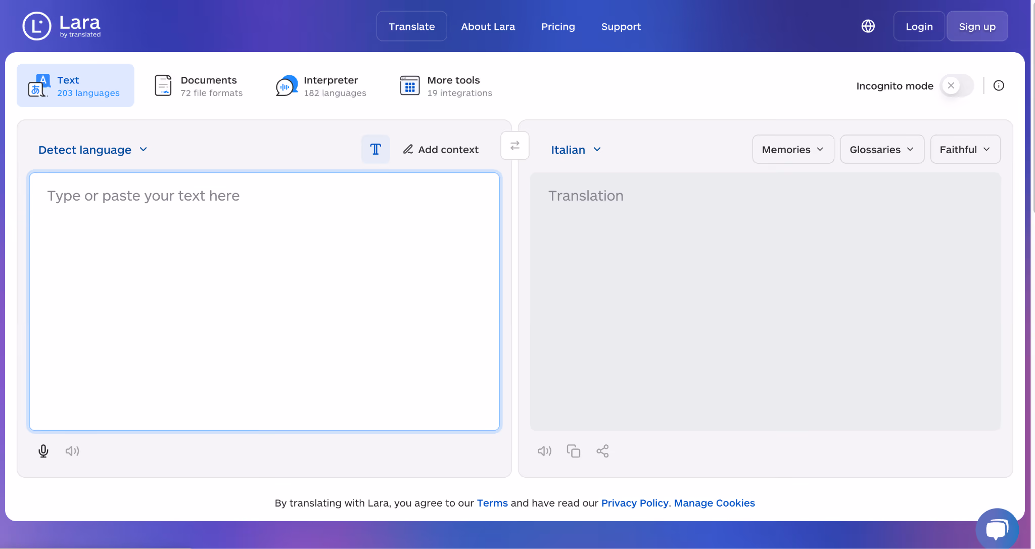 lara translate homepage