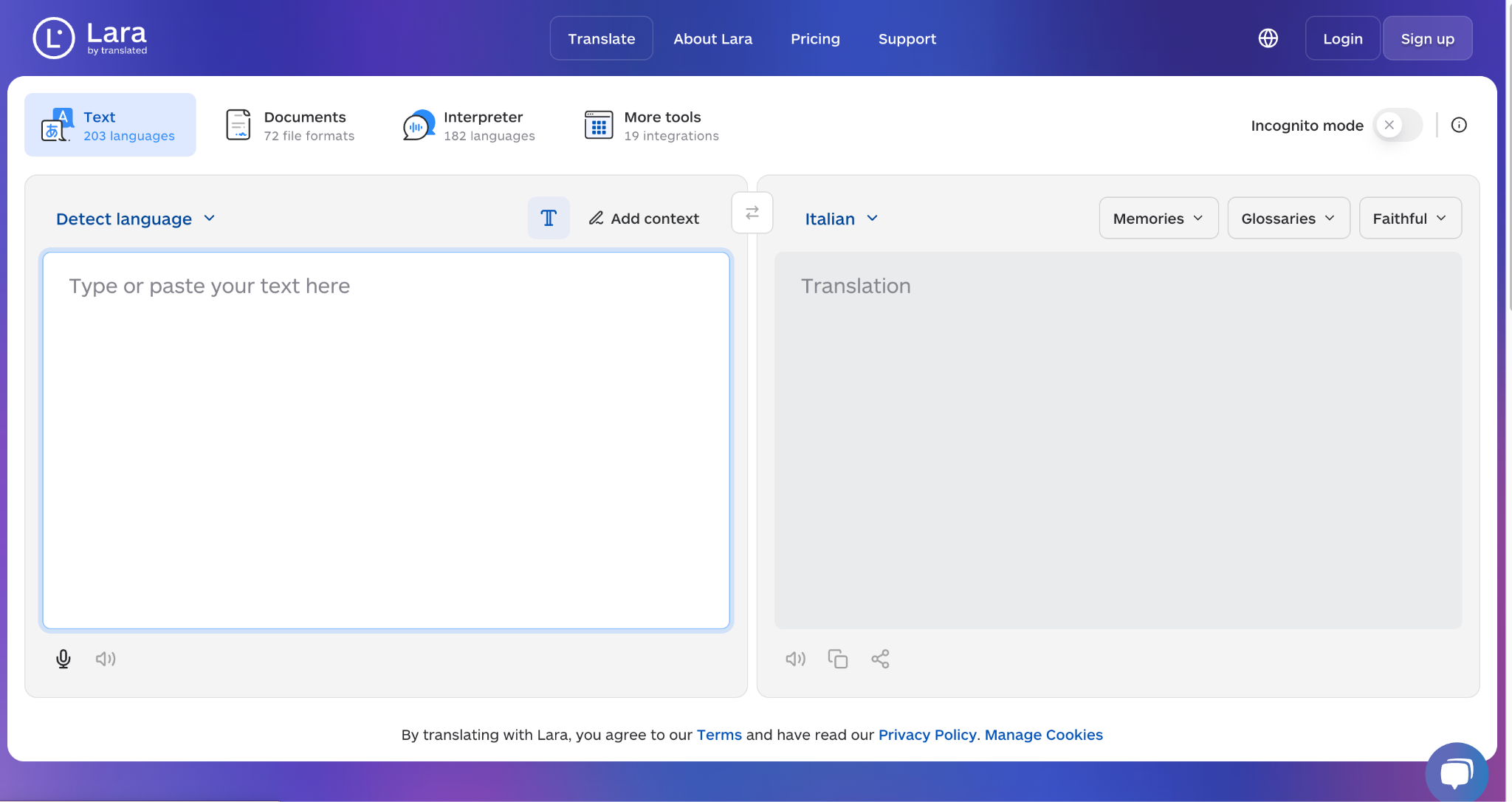lara translate homepage