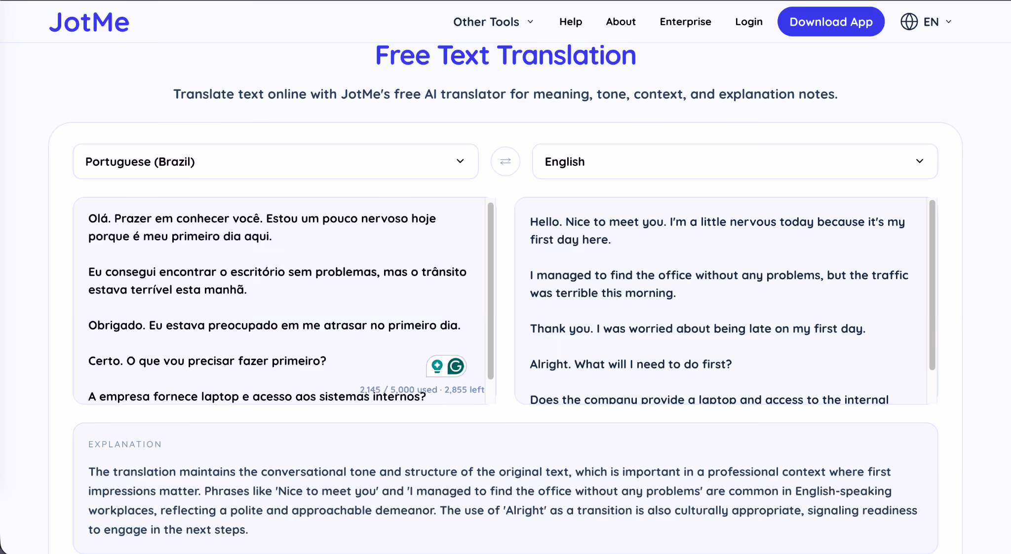 jotme free text portuguese to english translation