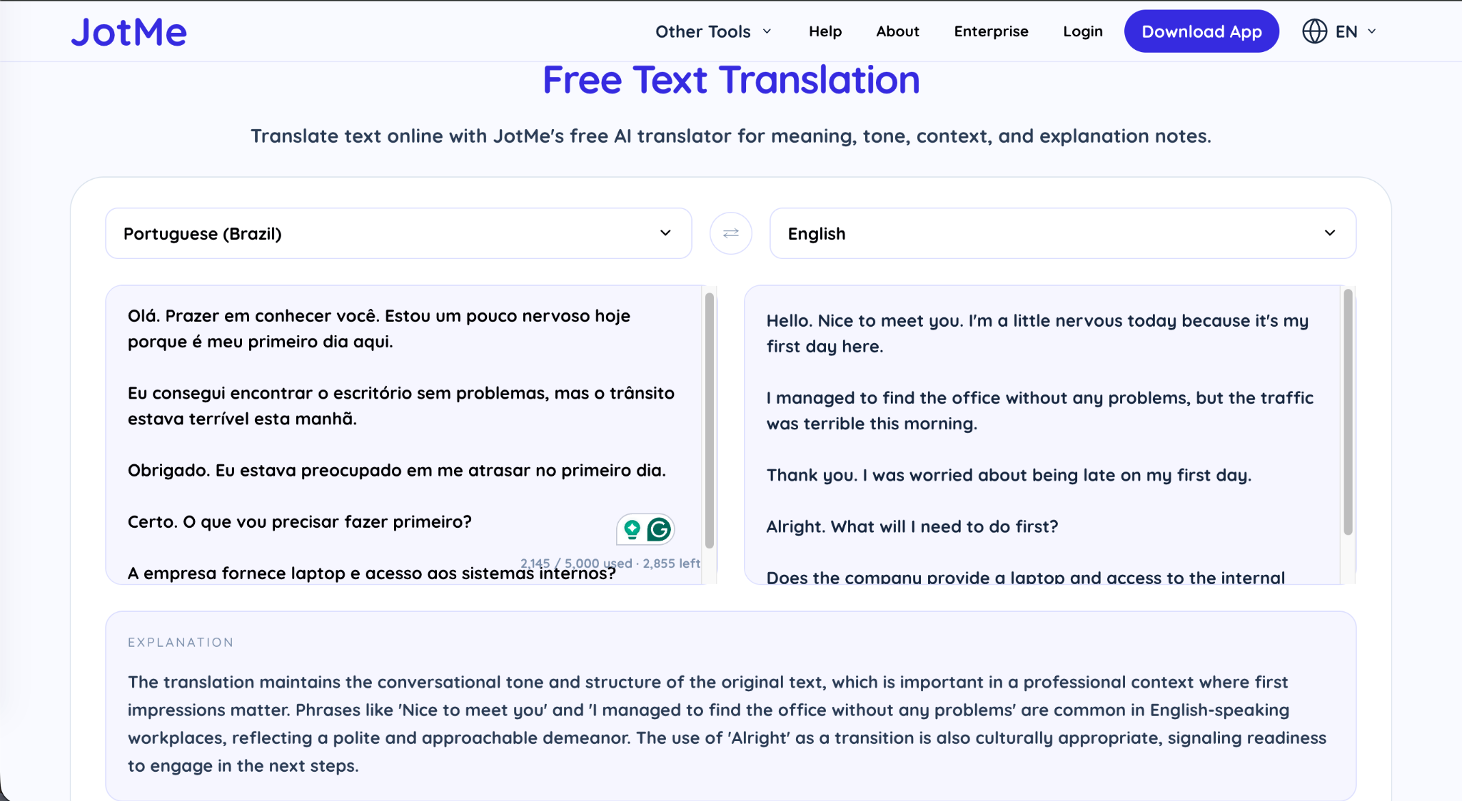 jotme free text portuguese to english translation