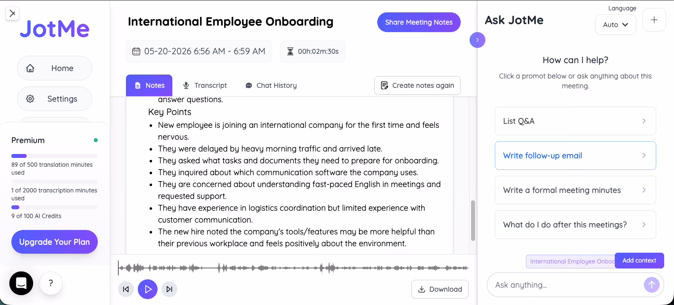 jotme multilingual onboarding meeting notes