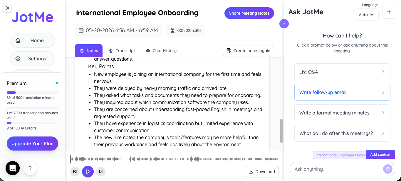 jotme multilingual onboarding meeting notes