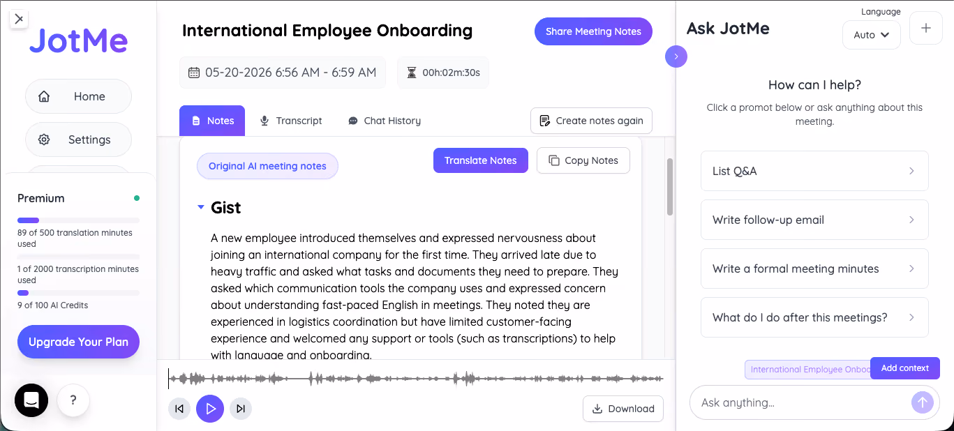 jotme multilingual onboarding meeting transcript