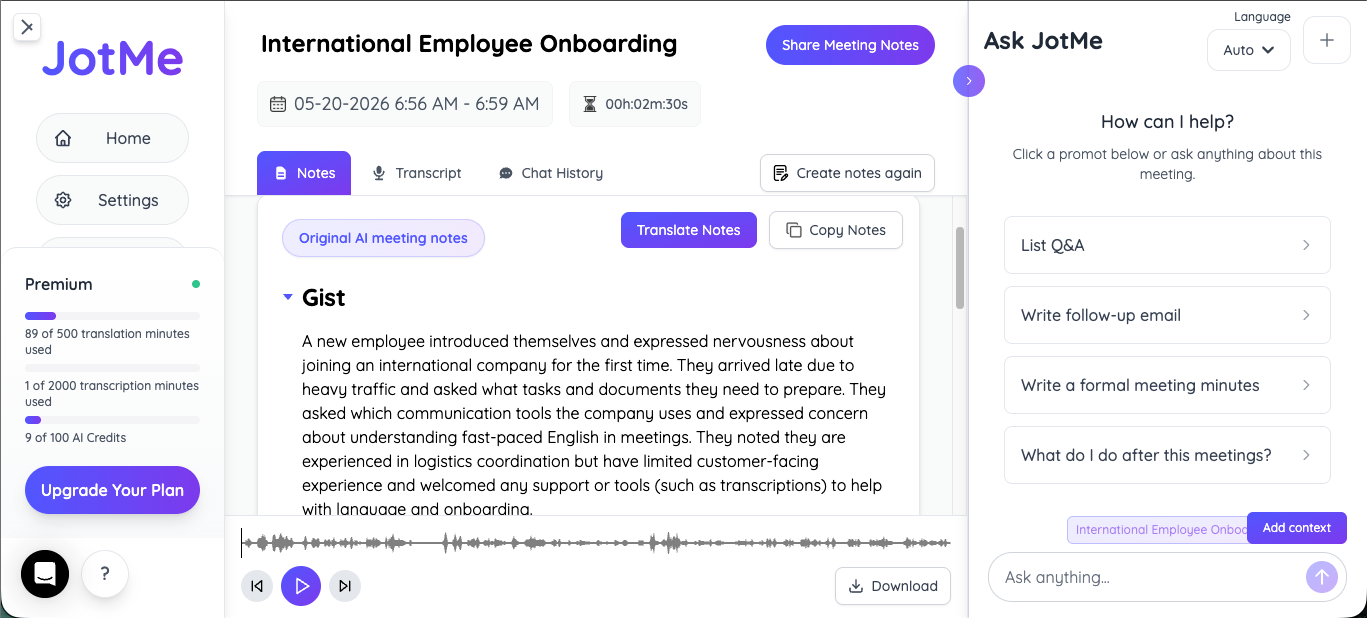jotme multilingual onboarding meeting transcript