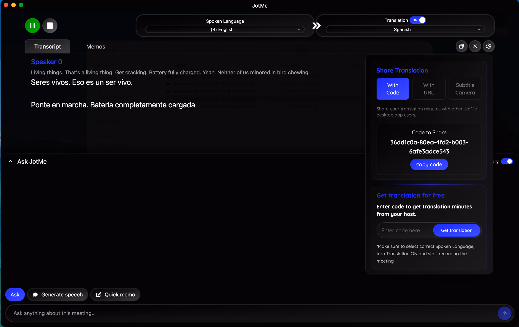 jotme share translation minutes via qr code