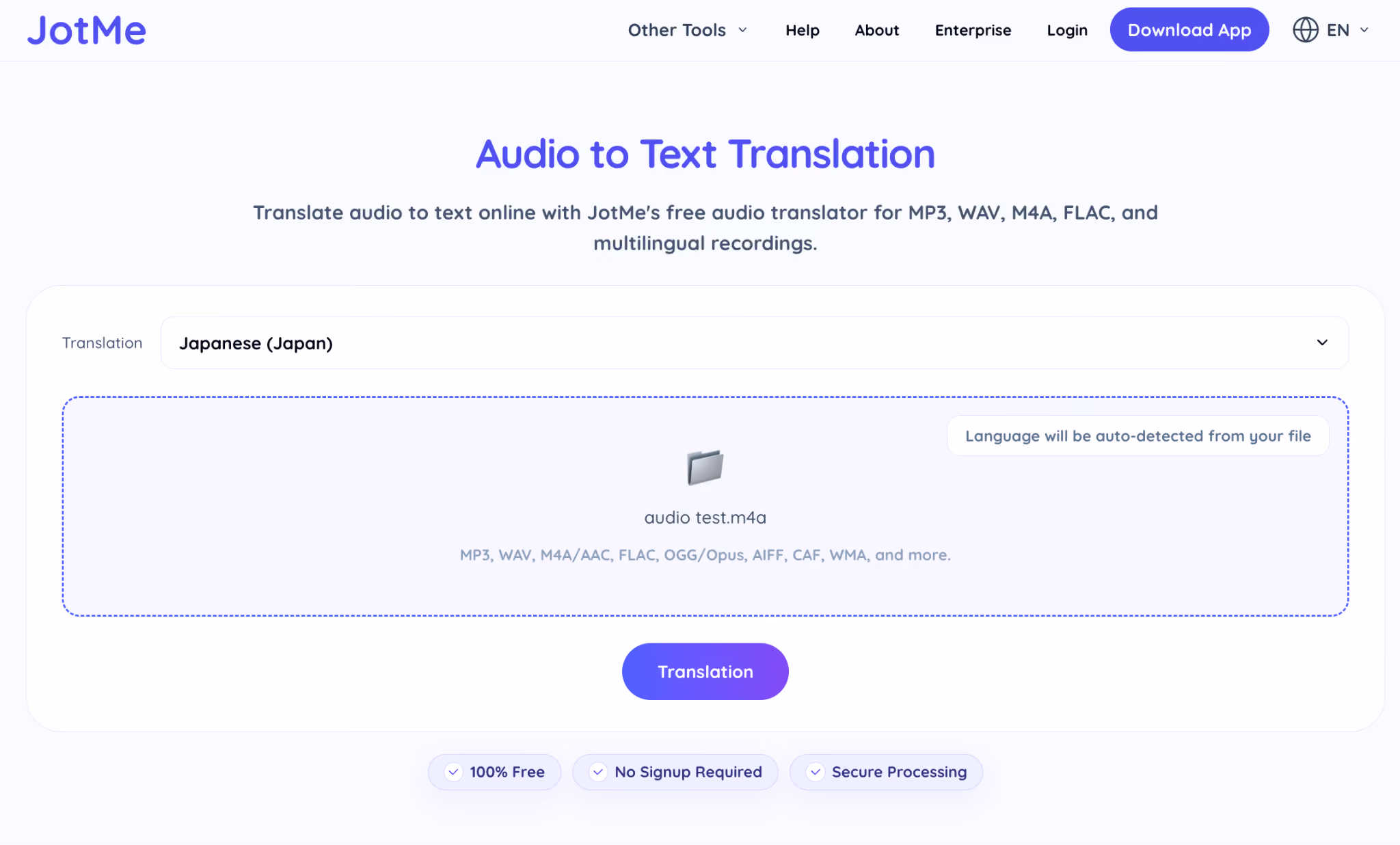 jotme transcribes speech after uploading