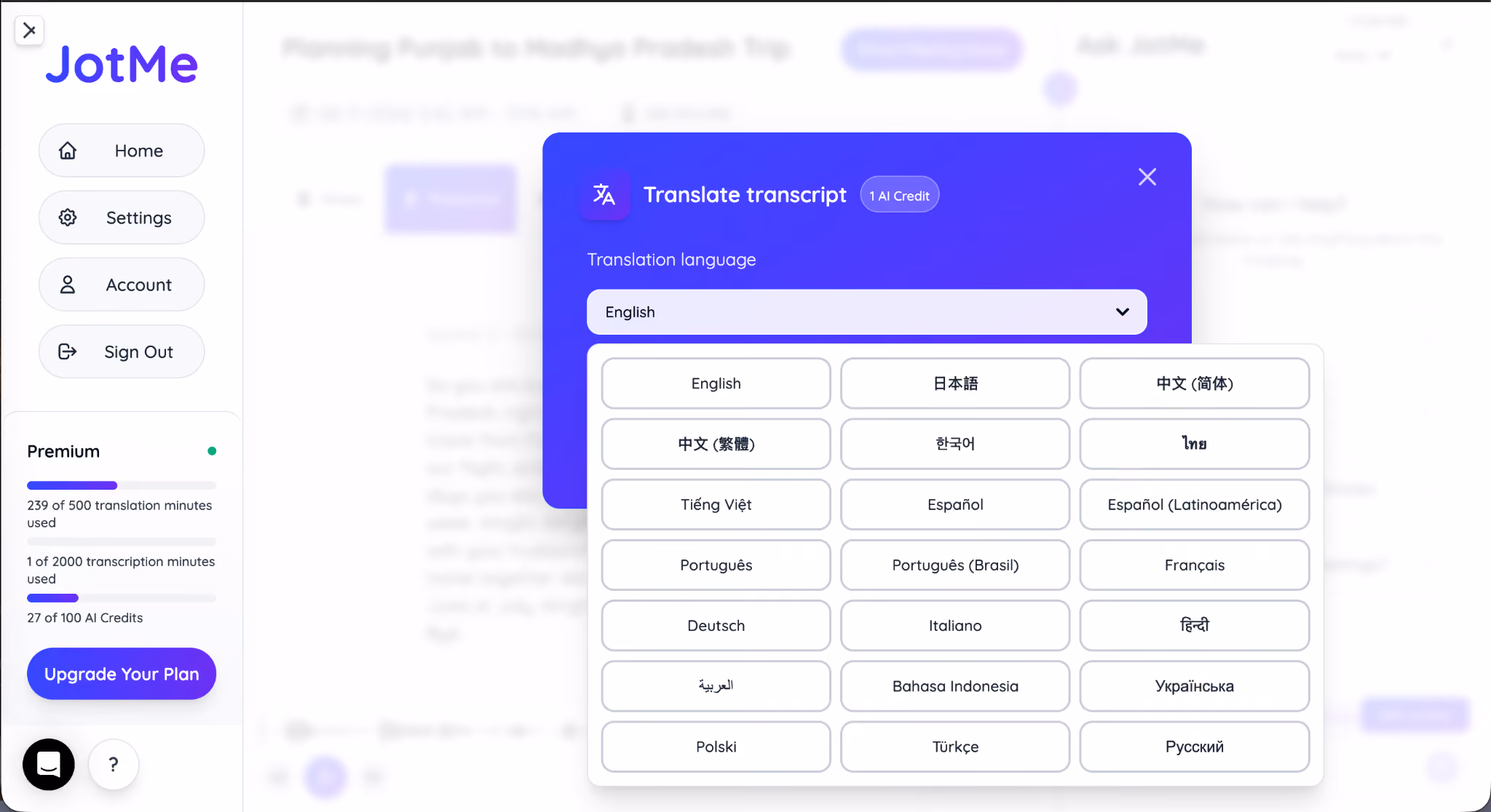 jotme translate transcript