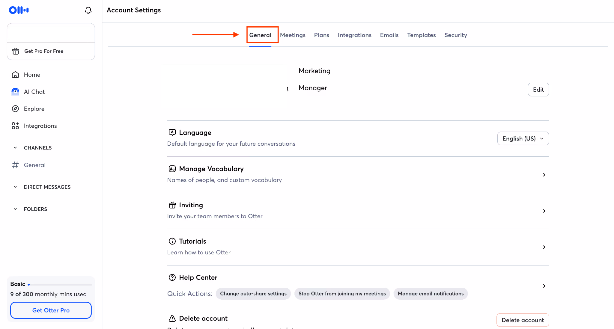 otter ai account settings