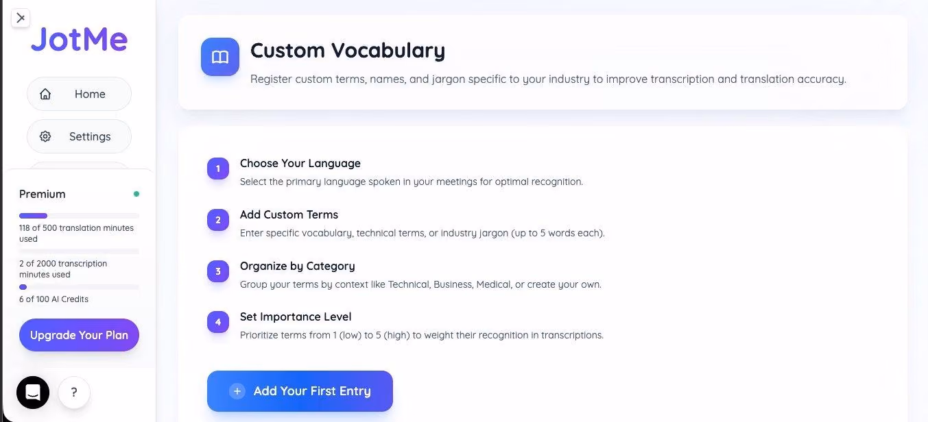 jotme custom vocabulary