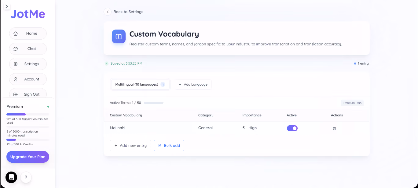jotme custom vocabulary