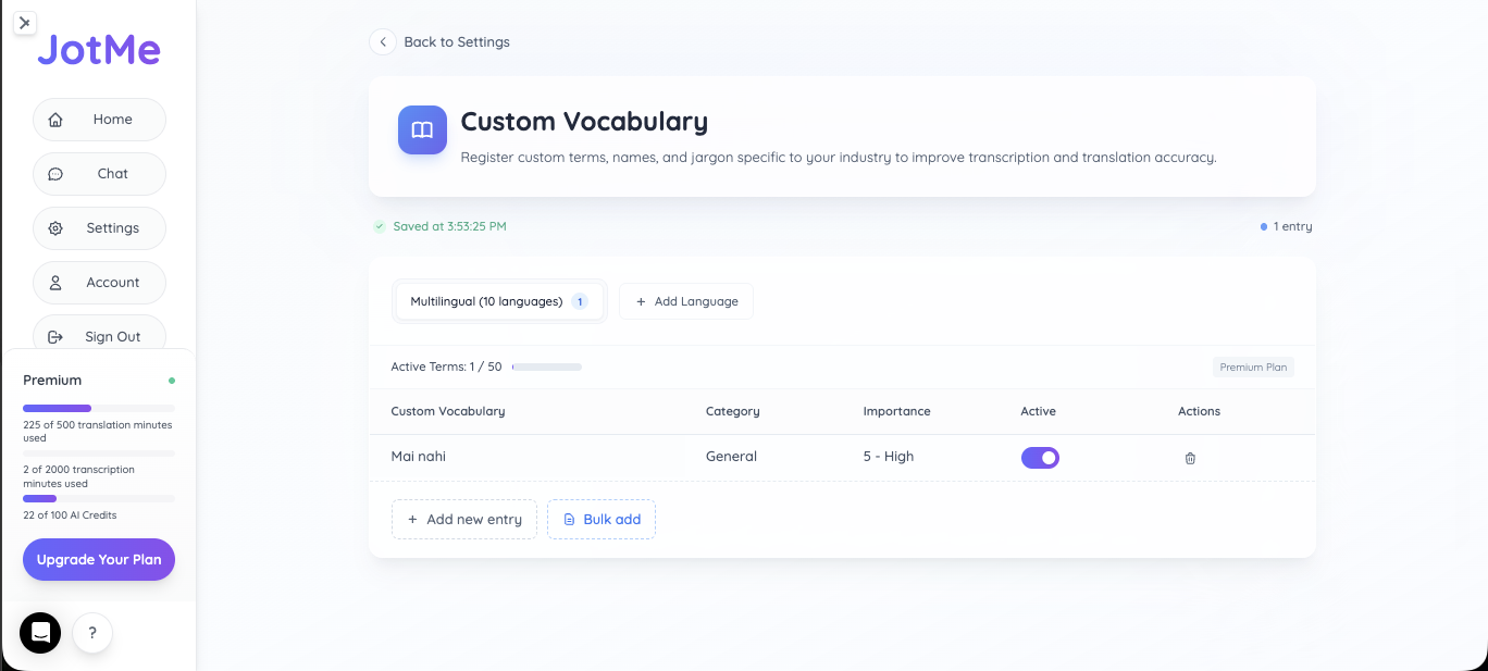 jotme custom vocabulary