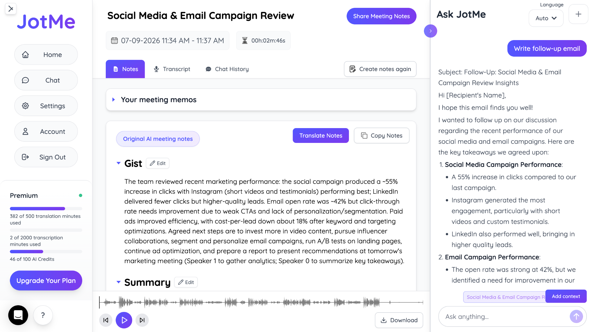 jotme ai meeting notes and summary