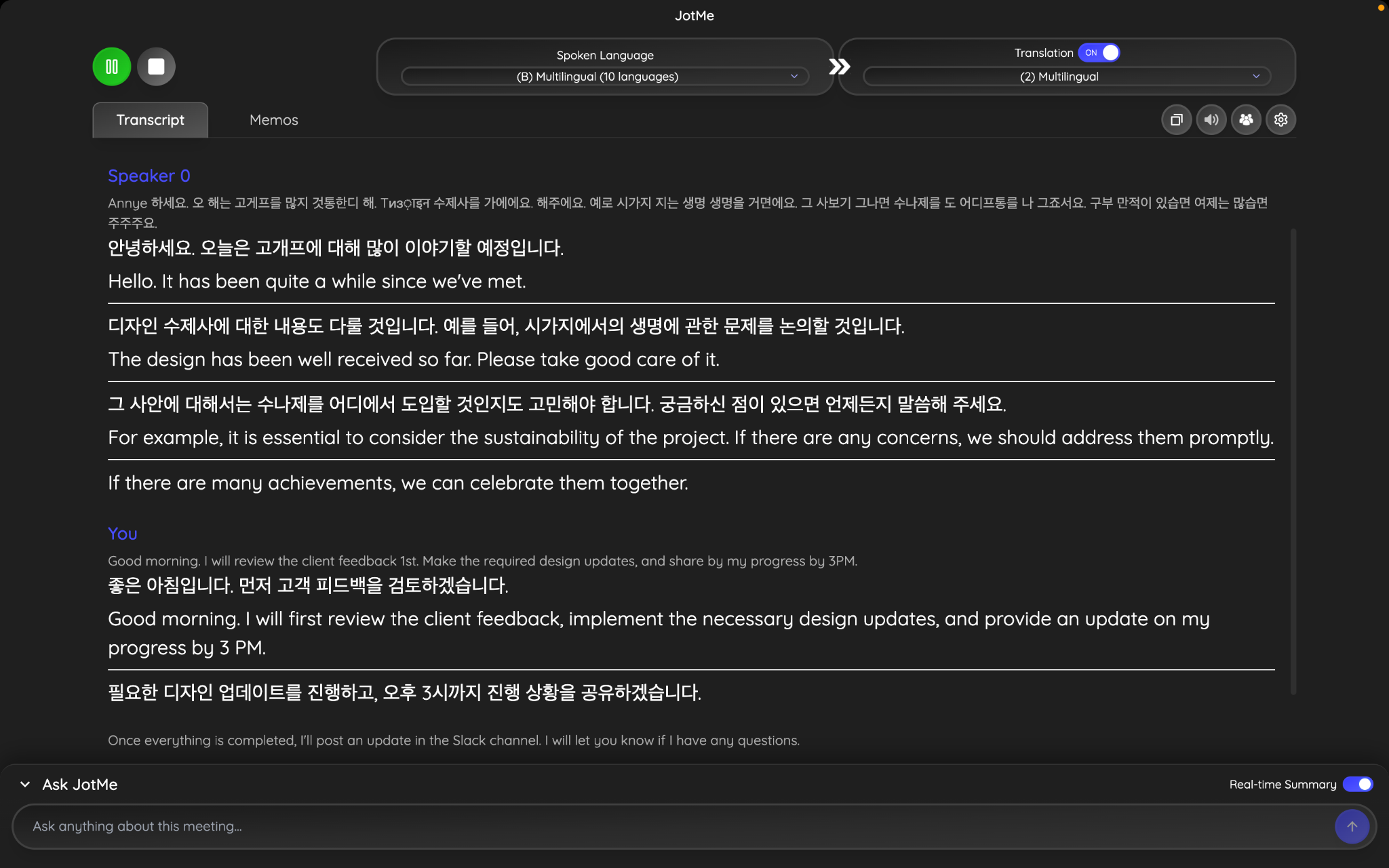 JotMe Live-Übersetzung von Koreanisch nach Englisch
