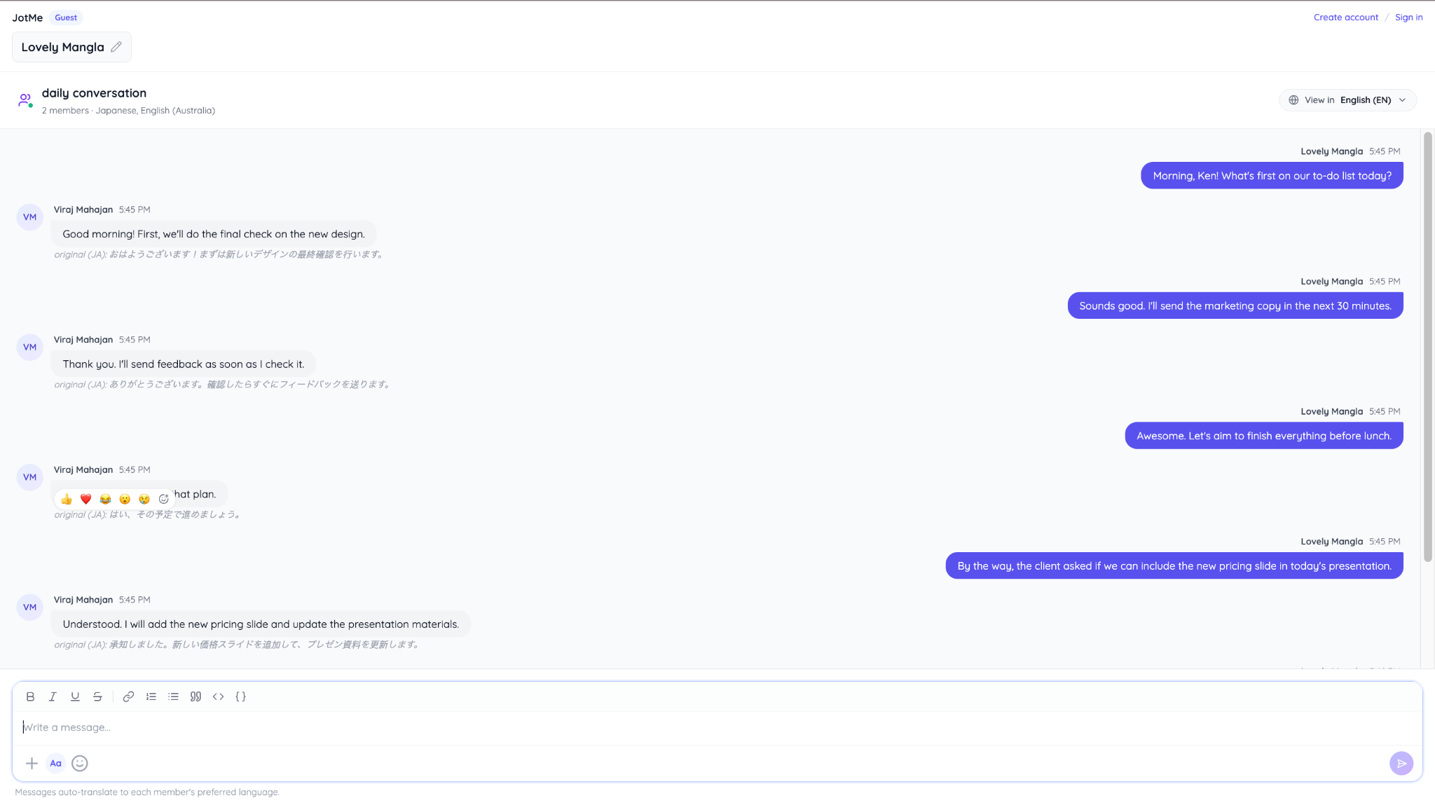 JotMe KI-Chat auf Englisch