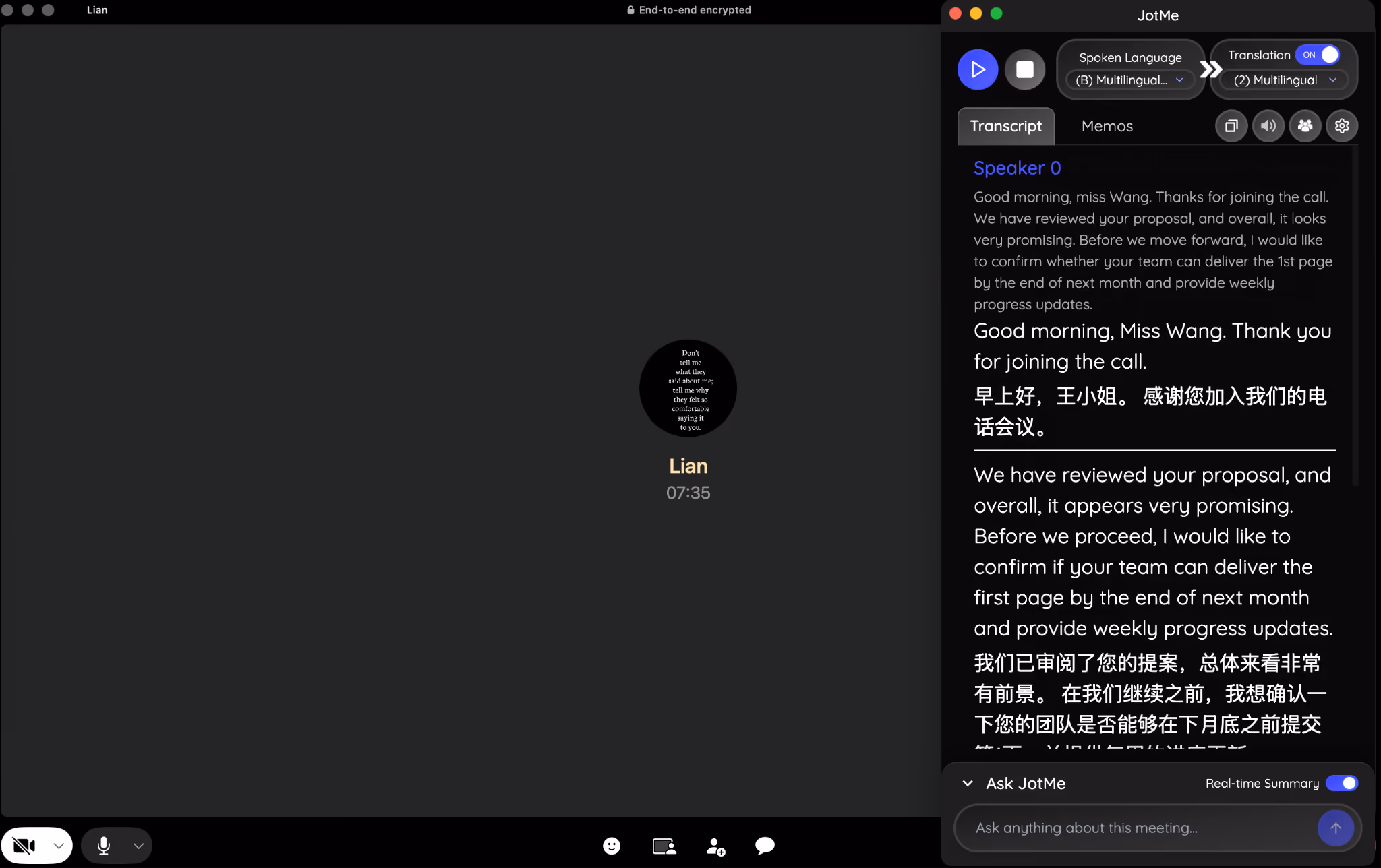jotme english to chinese live translation on whatsapp call