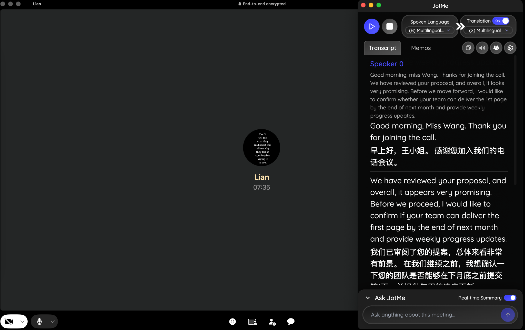 jotme english to chinese live translation on whatsapp call