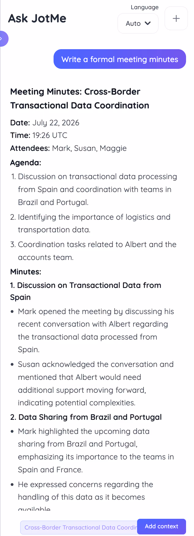 ask jotme business meeting feature