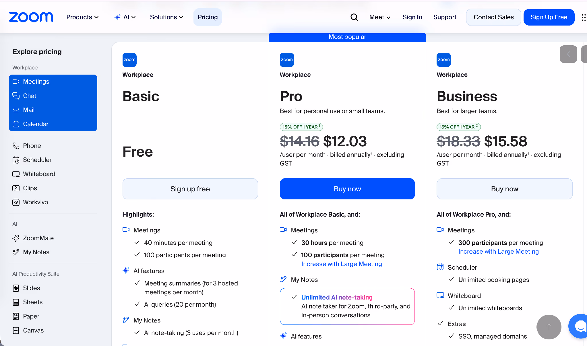 zoom pricing table