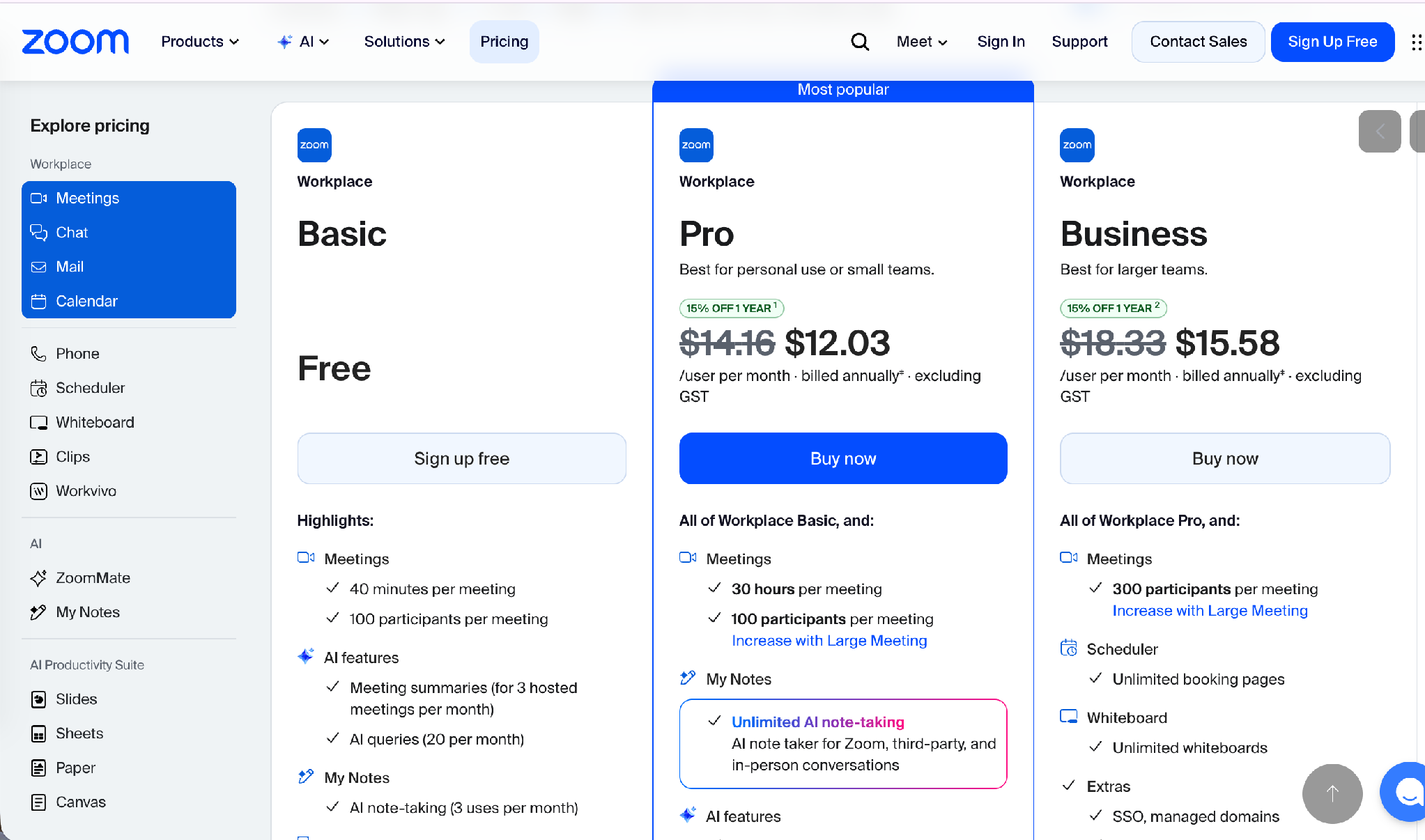 zoom pricing table