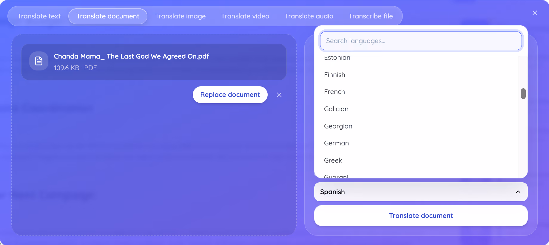 choose output language on jotme pdf translator