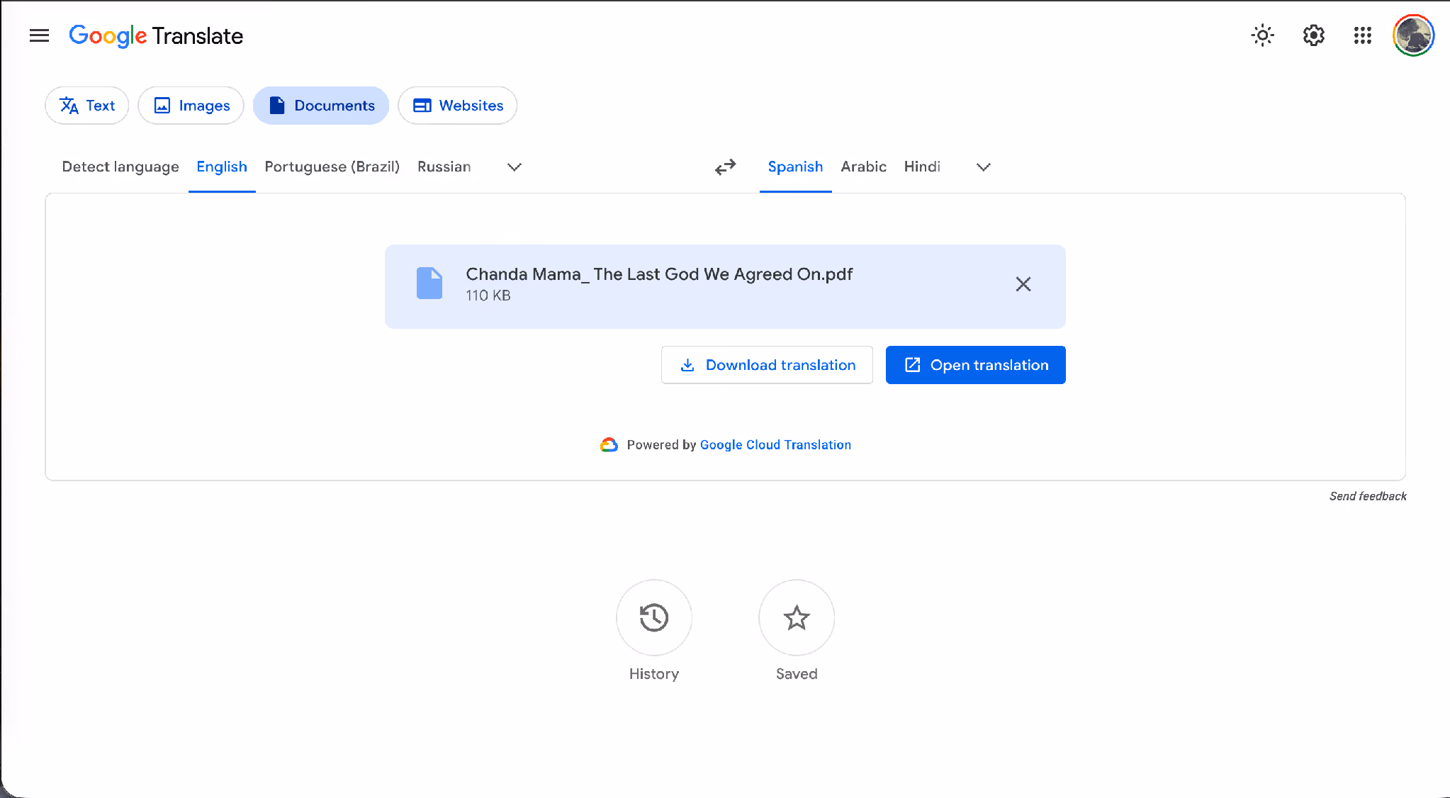 upload file on google translate 