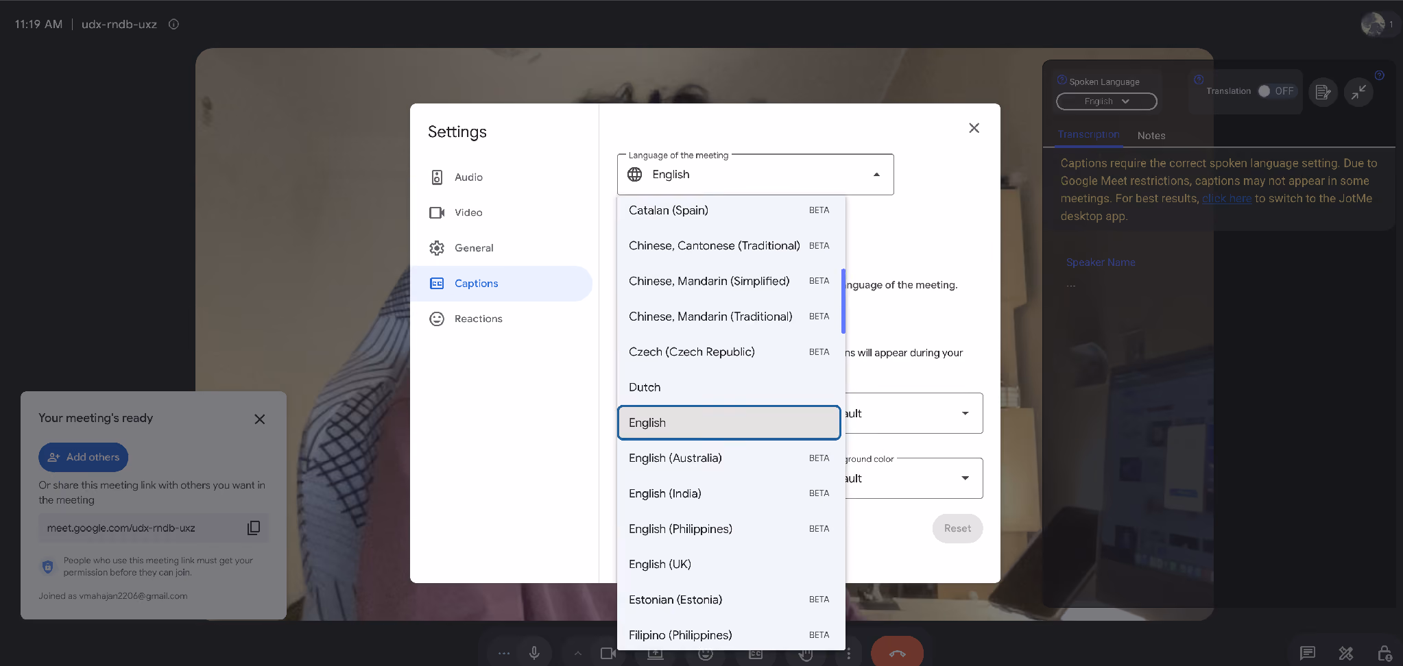 google meet choose language