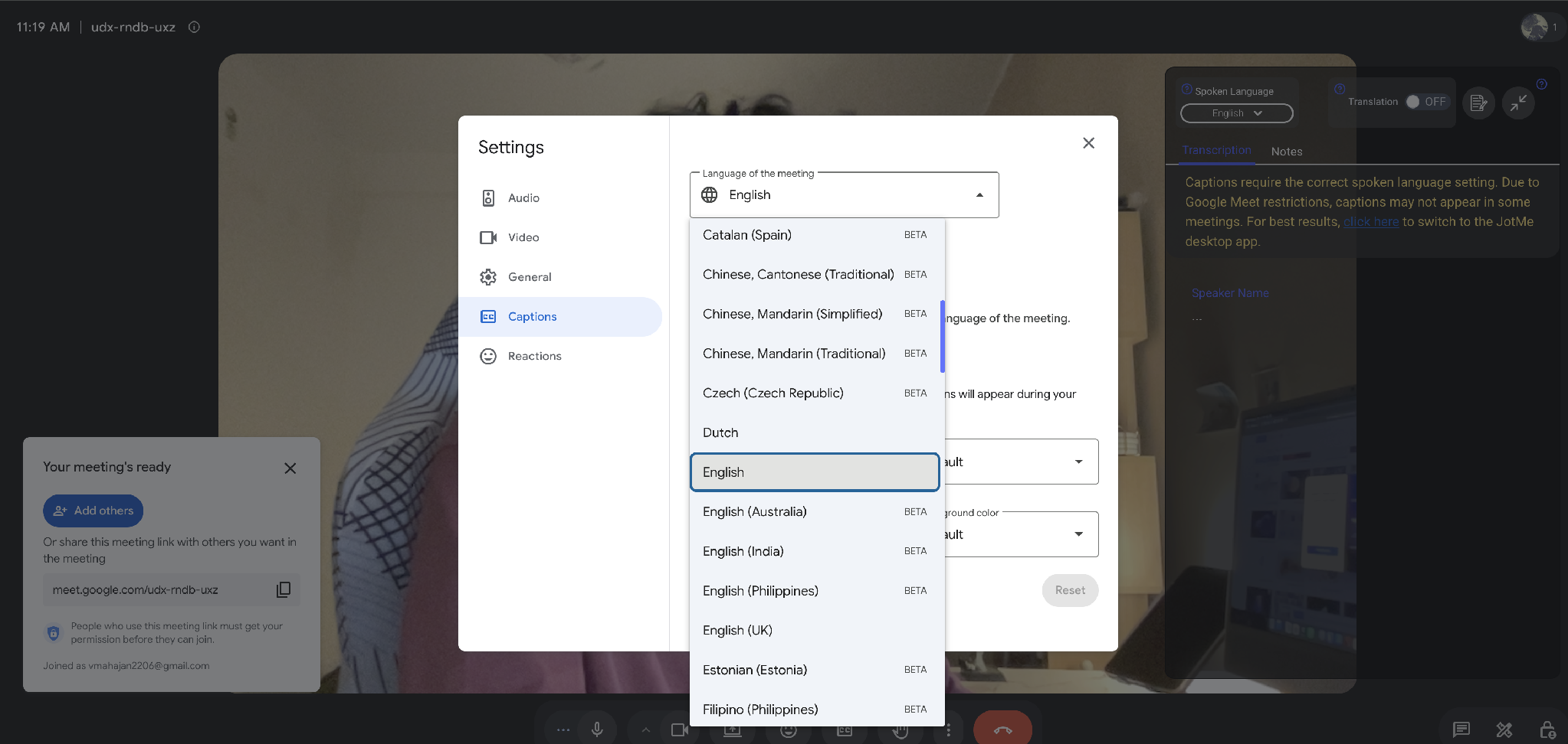 google meet choose language