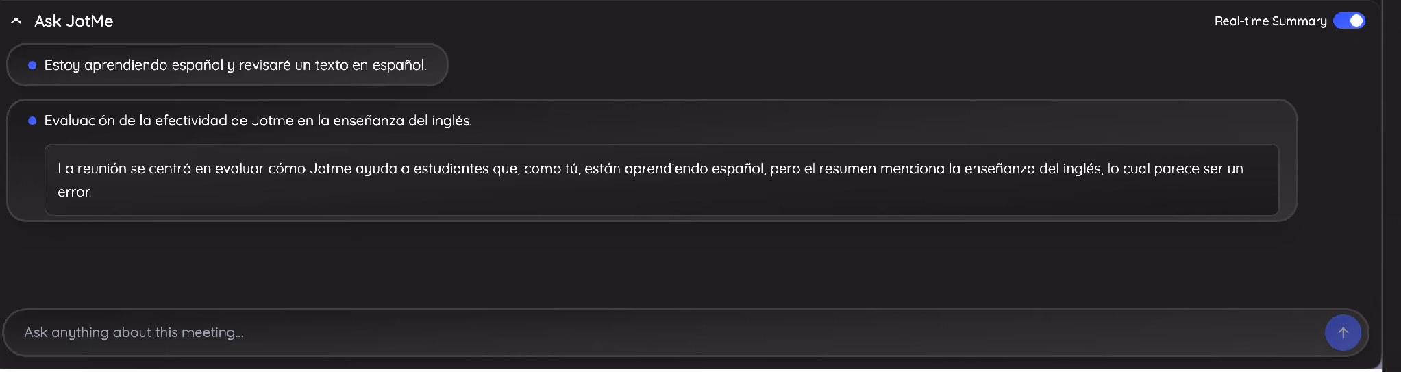 real time summary in spanish