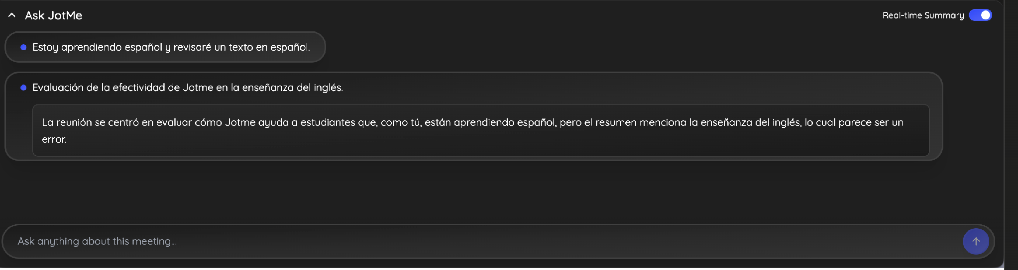 real time summary in spanish