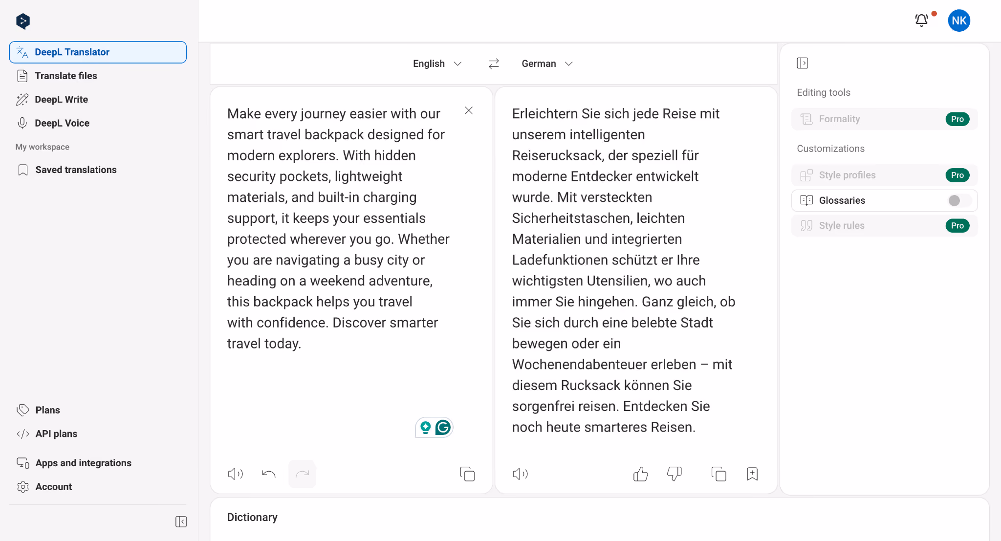 deepl english to german translation