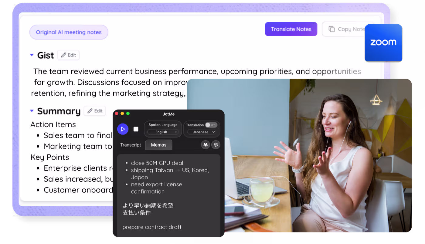 Zoom AI Notetaker: Multilingual AI Notes, No Bot | JotMe