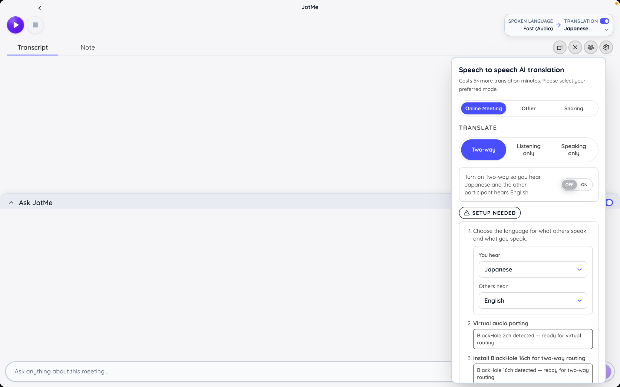 jotme speech to speech ai translation modes