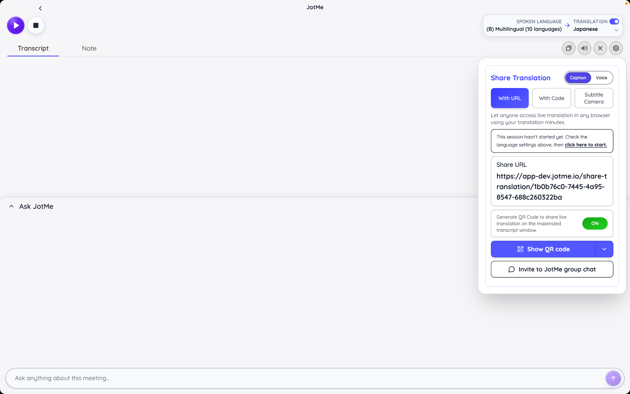 Share live captions or translated speech with jotme