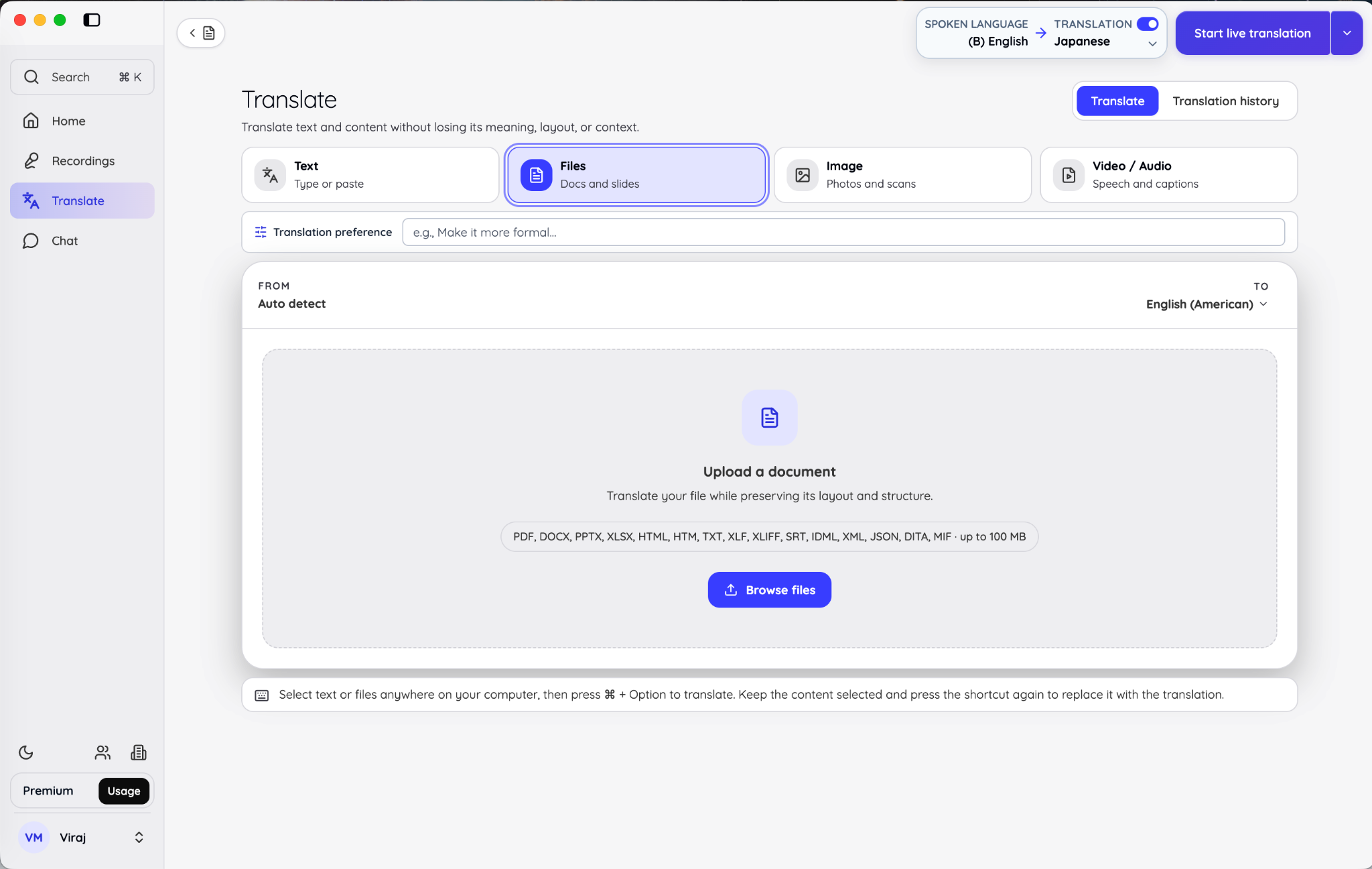 JotMe Translate workspace in File mode