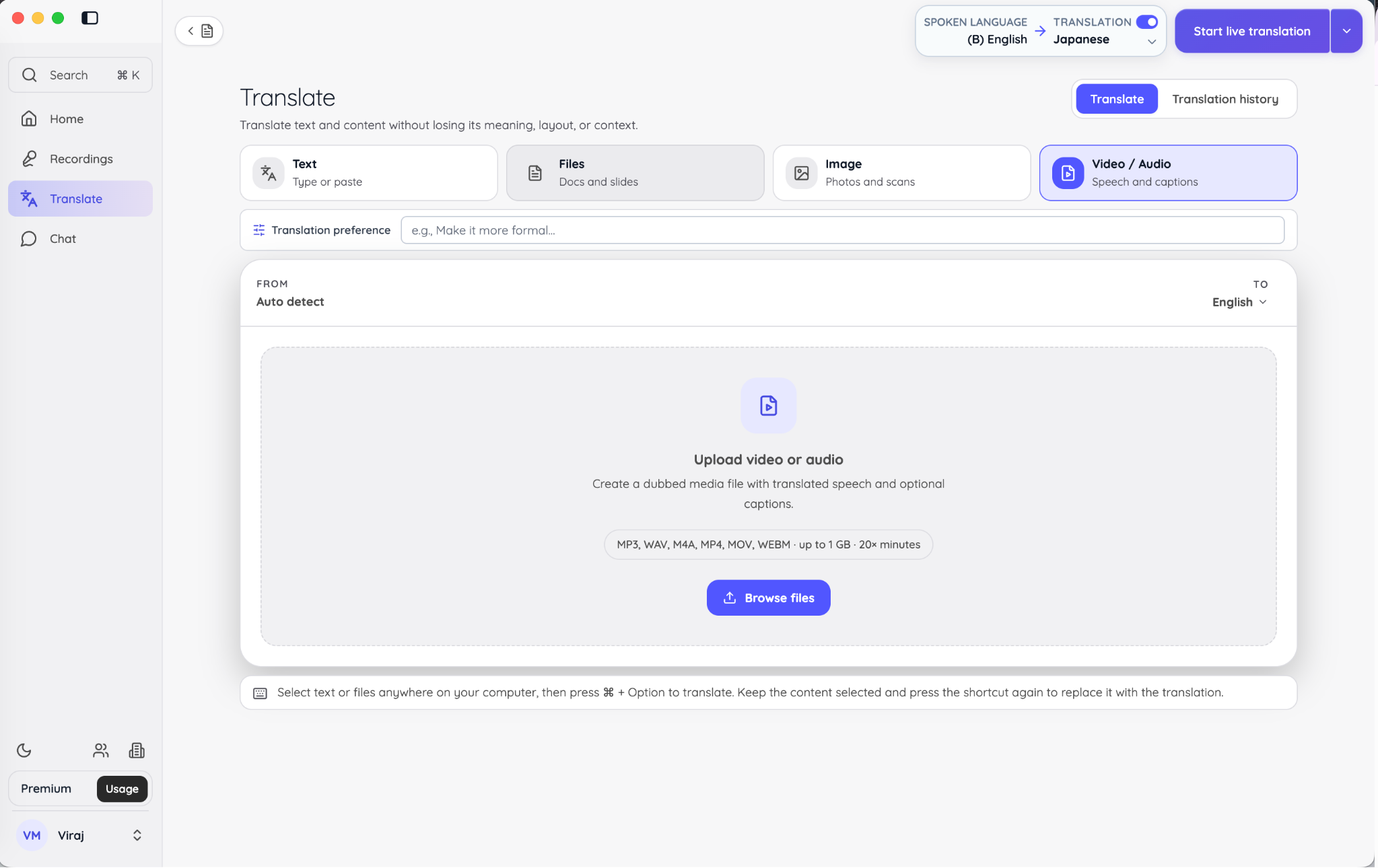 JotMe Translate workspace in Video and Audio mode