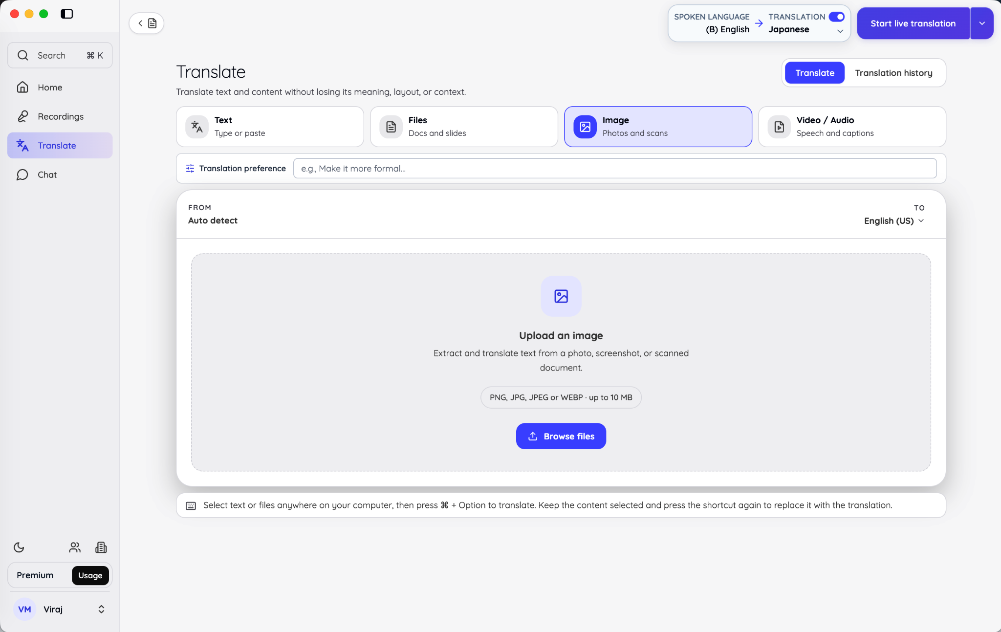JotMe Translate workspace in Image mode