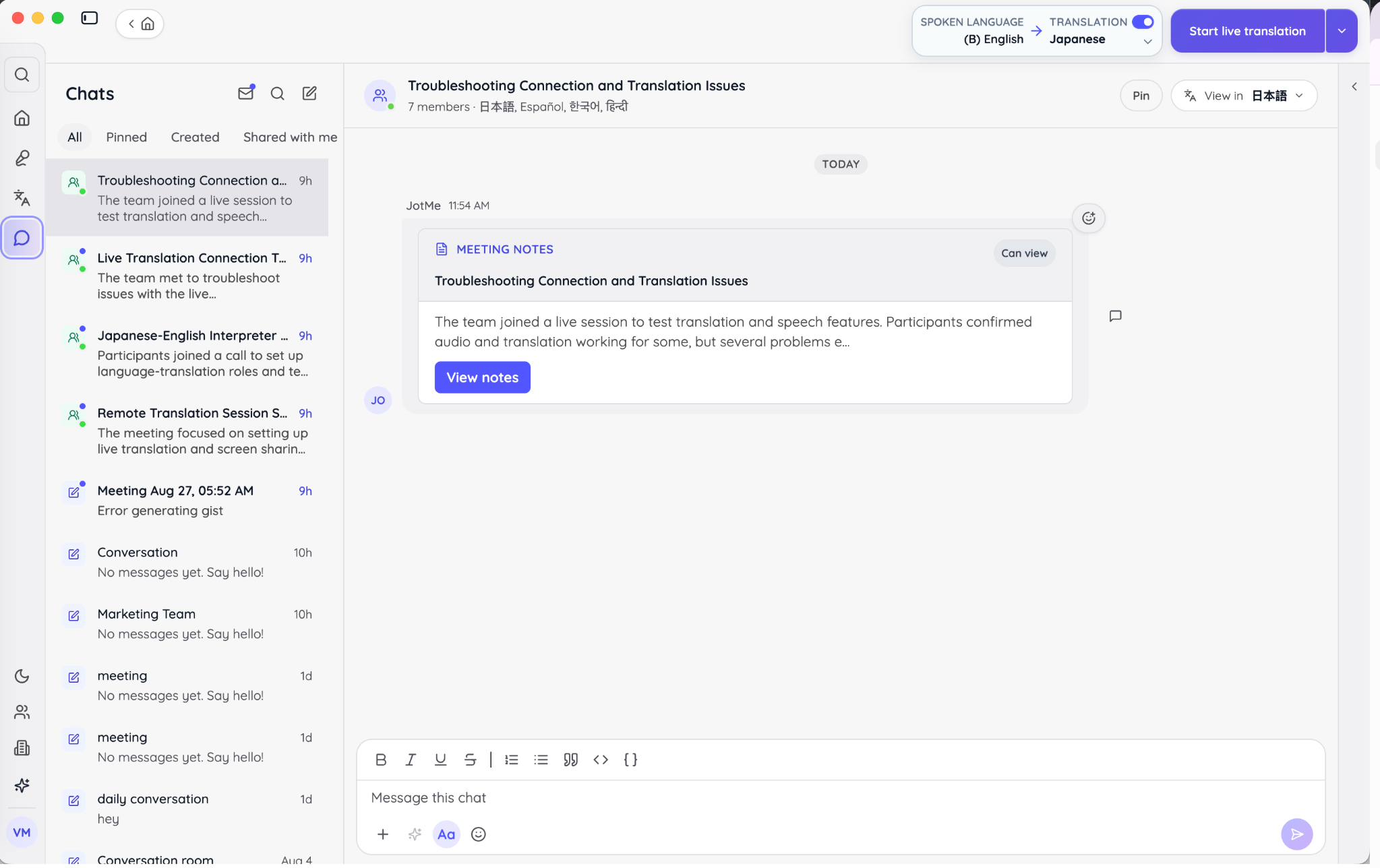JotMe Chat workspace