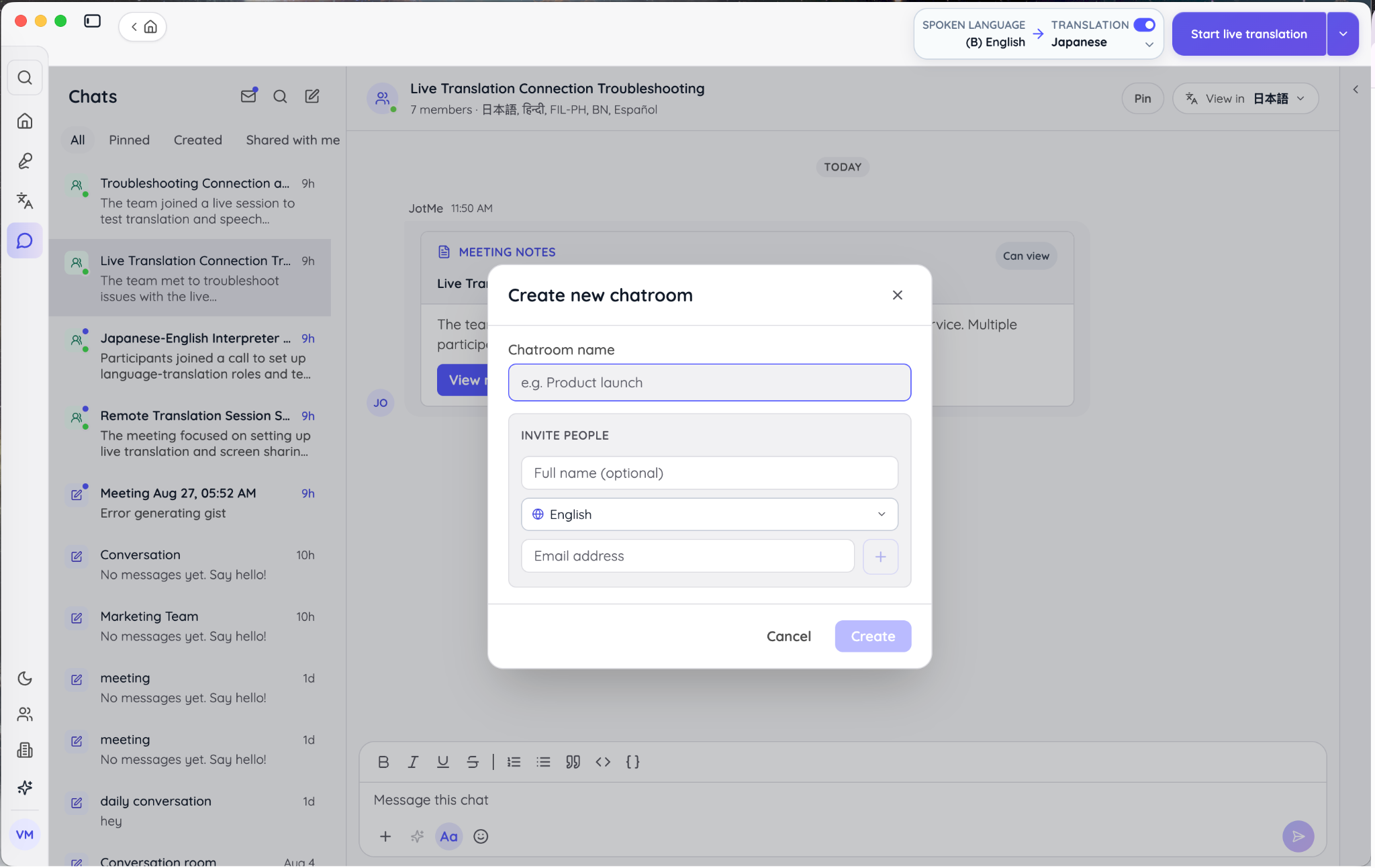 JotMe Create new chatroom dialog