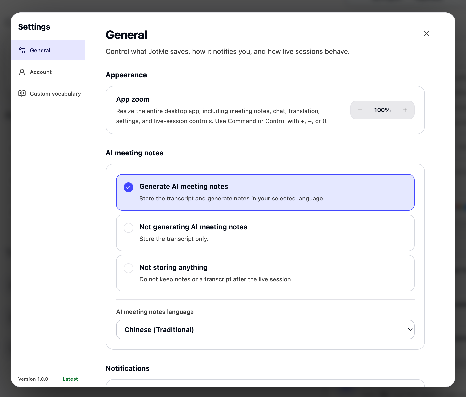 JotMe General settings