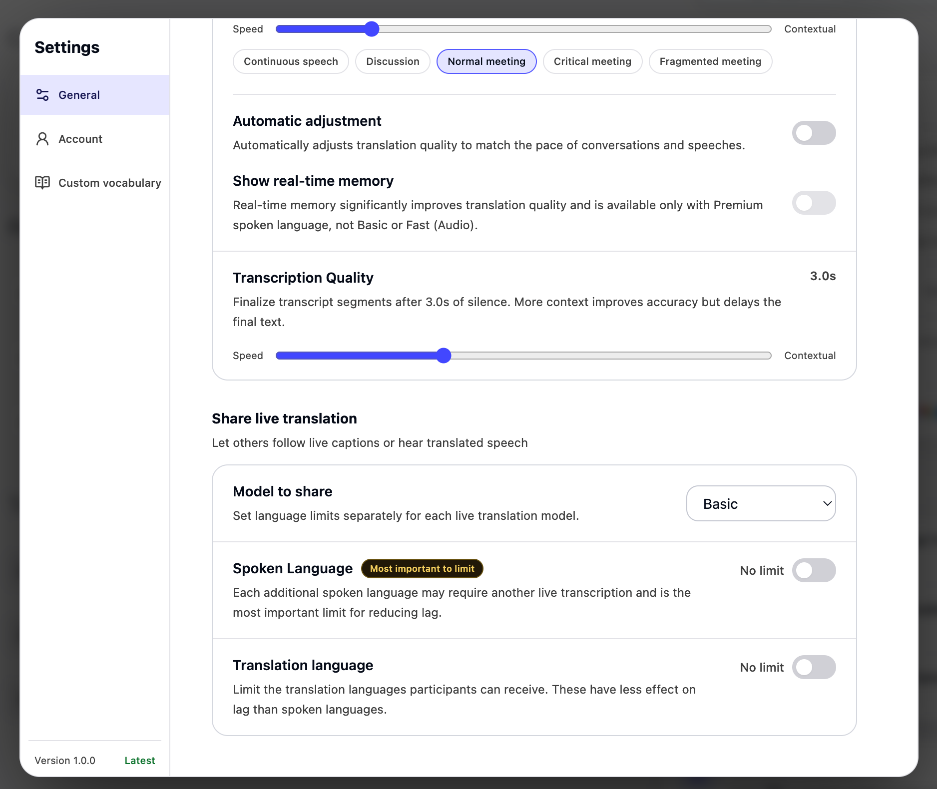 JotMe General settings showing translation quality