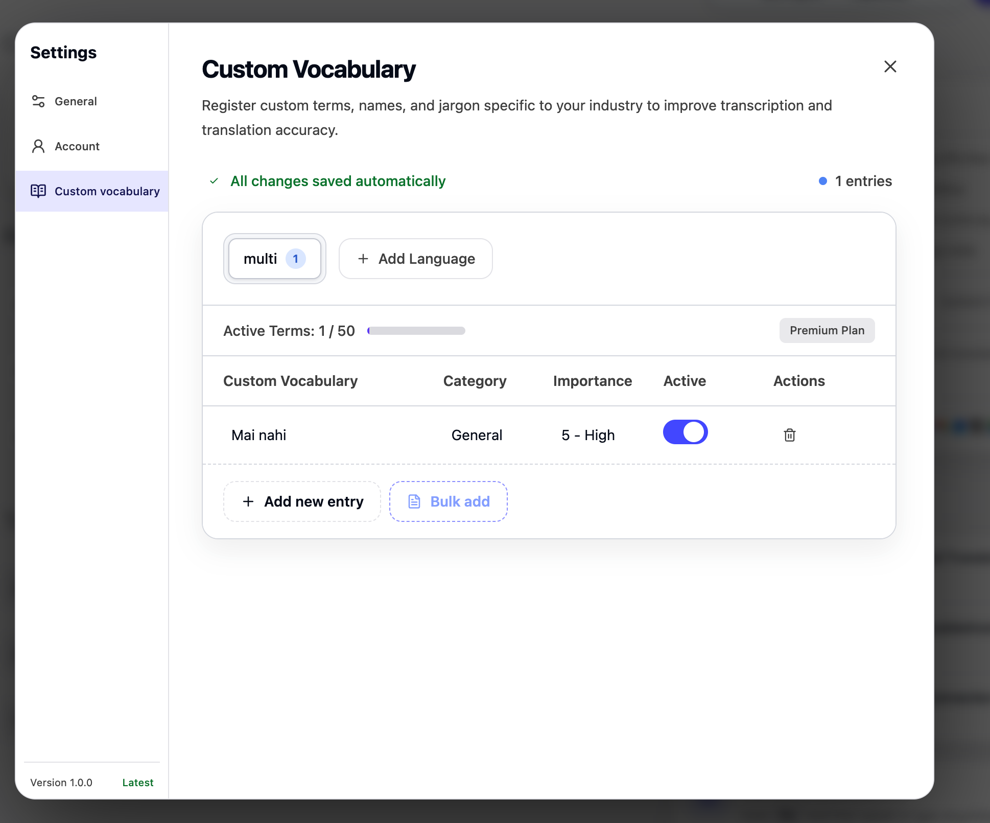 JotMe Custom Vocabulary settings