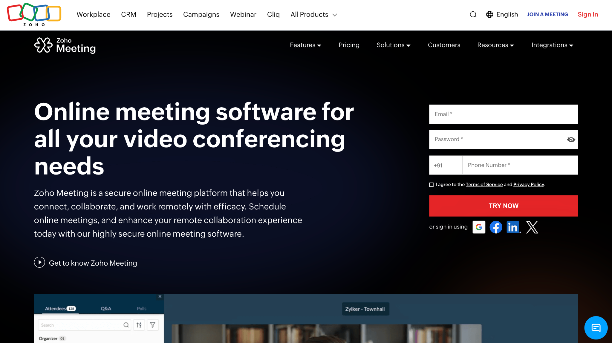 zoho meeting homepage