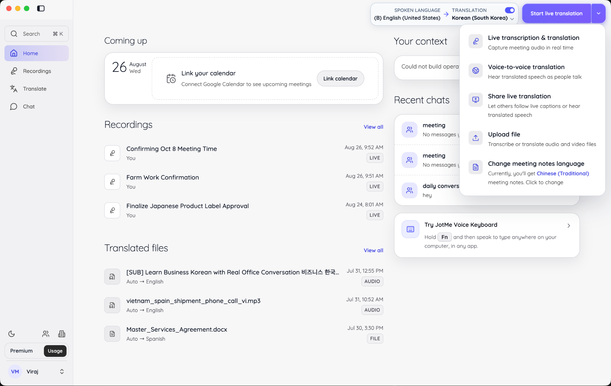 JotMe Desktop live translation