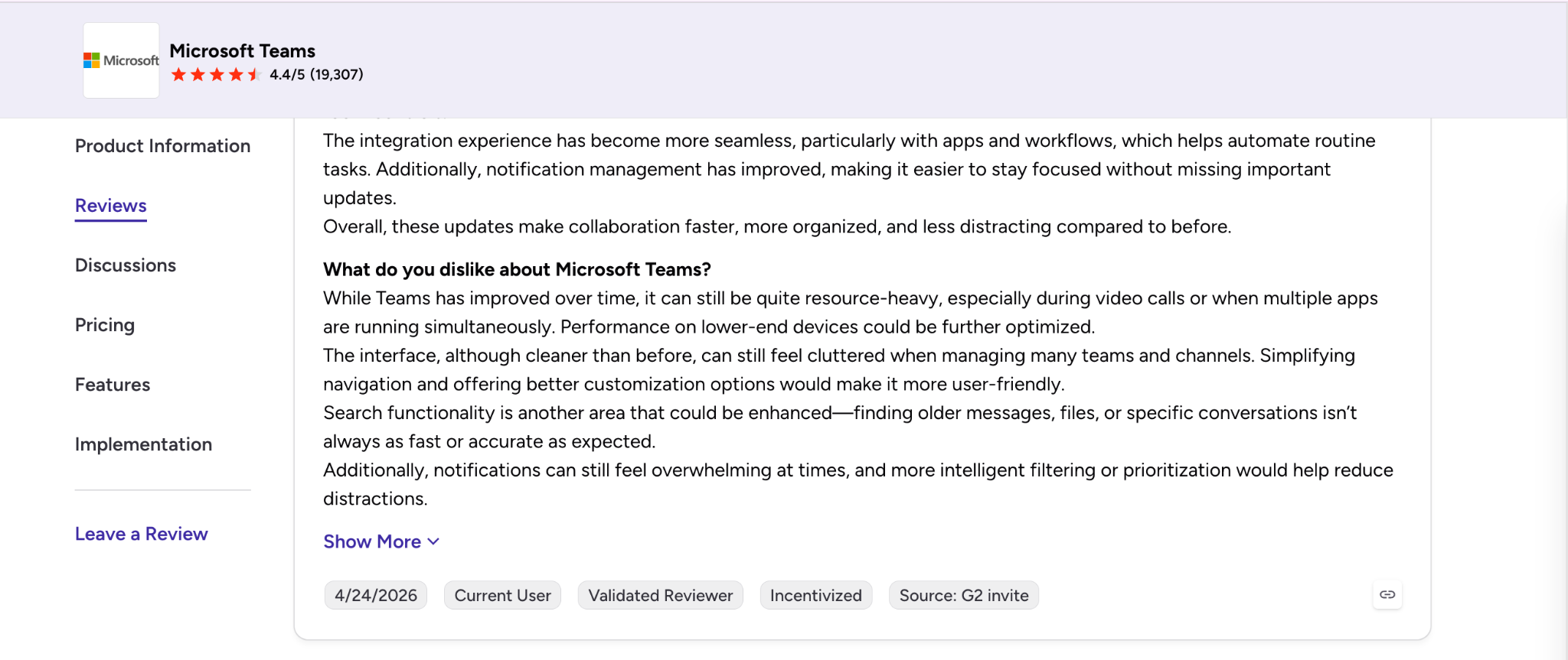 G2 review page for Microsoft Teams